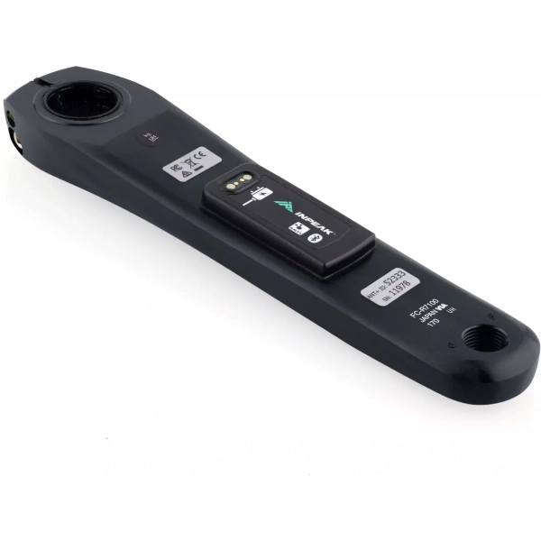 The underside of an INPEAK power meter on a Shimano 105 R7100 crank.